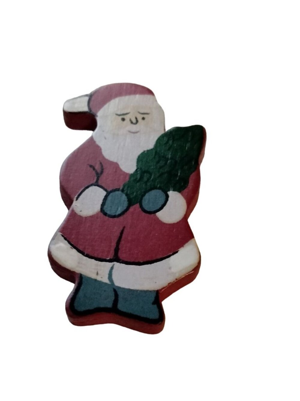 Santa Clause Button Cover Vintage Holding Christmas Tree Handcrafted wood